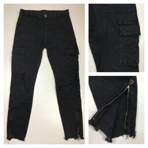 ALL SAINTS Black DURAN Skinny Cargo Pockets  Zip Ankle Raw Edge Hem Jeans